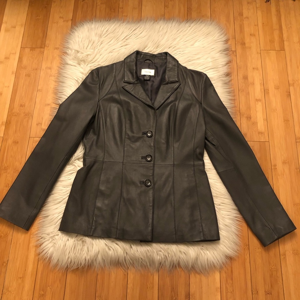 Neiman Marcus Grey Charcoal 100% Leather Notched Collar Button Coat Jacket M